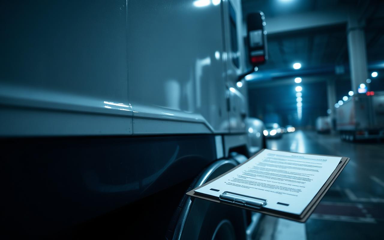 Driver checking a logbook and inspection paperwork beside a semi truck