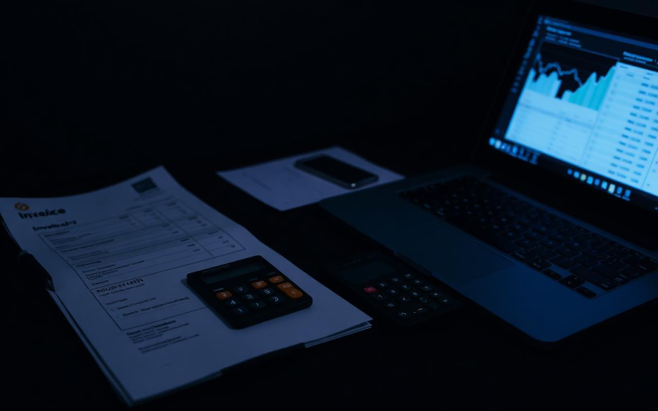 Invoice and payment documents on a desk next to a truck key and calculator