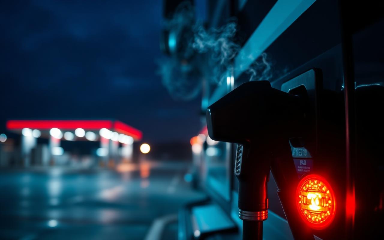 Semi truck refueling at a highway truck stop at sunset